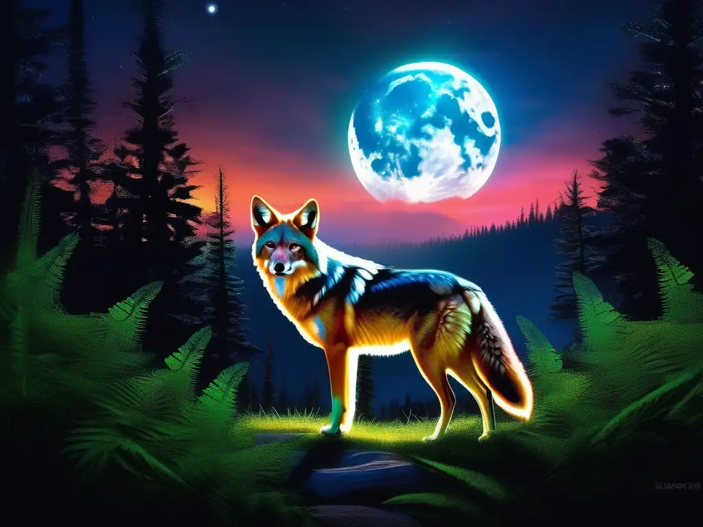 Historia del hombre coyote en mitología: Coyote místico bajo la luna, bosque vibrante y estrellas brillantes