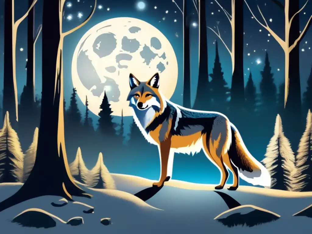 Imagen mística de coyote en bosque, evoca mitología y ambigüedad (Historia del hombre coyote en mitología)