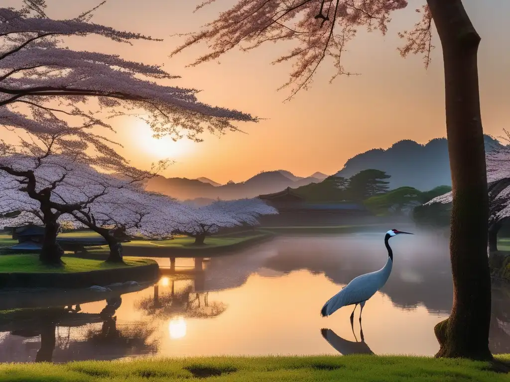 Paisaje etéreo al amanecer en Japón con grulla japonesa sagrada y pagoda tradicional