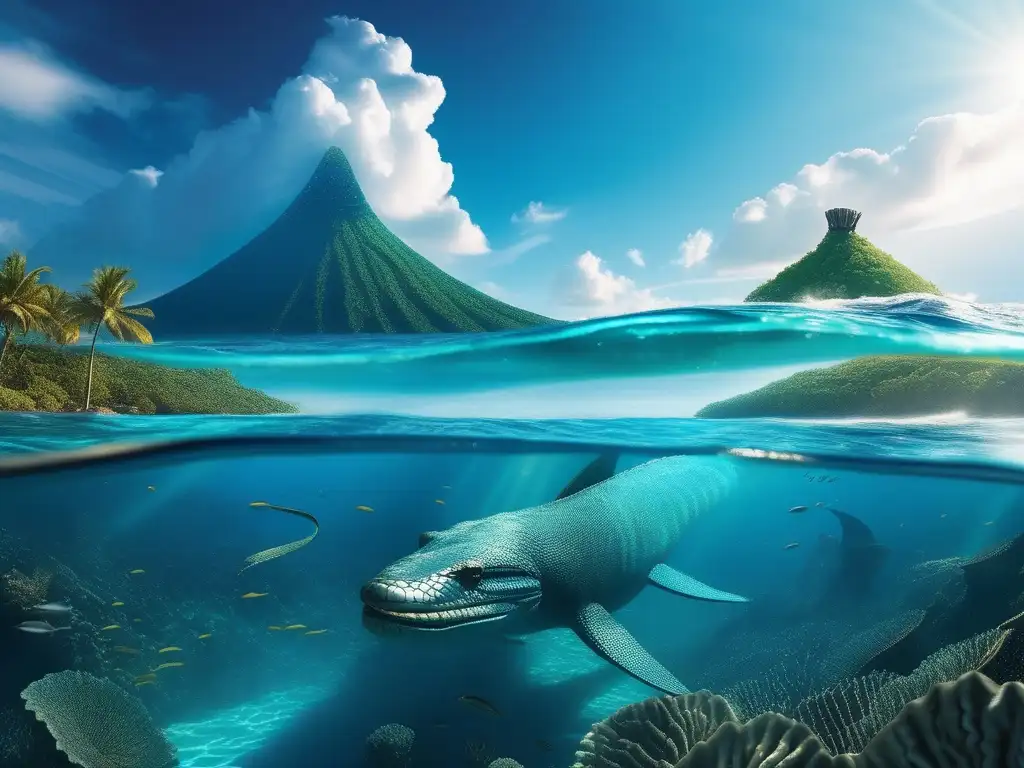 Monstruo marino de la mitología Nauru, majestuoso y misterioso, emerge del océano turquesa