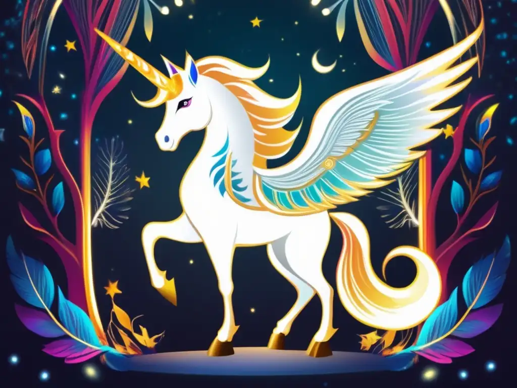 Influencia criaturas mitológicas en arte: Majestuosa criatura etérea en bosque nocturno, fusionando unicornio y fénix, con alas y cuerno radiantes