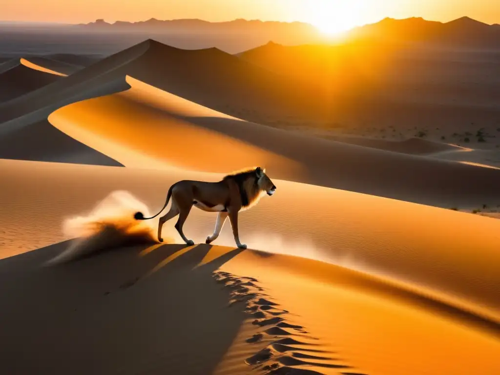 Mitología africana: Criaturas del desierto en un impresionante atardecer, con un ser mítico emergiendo de las dunas