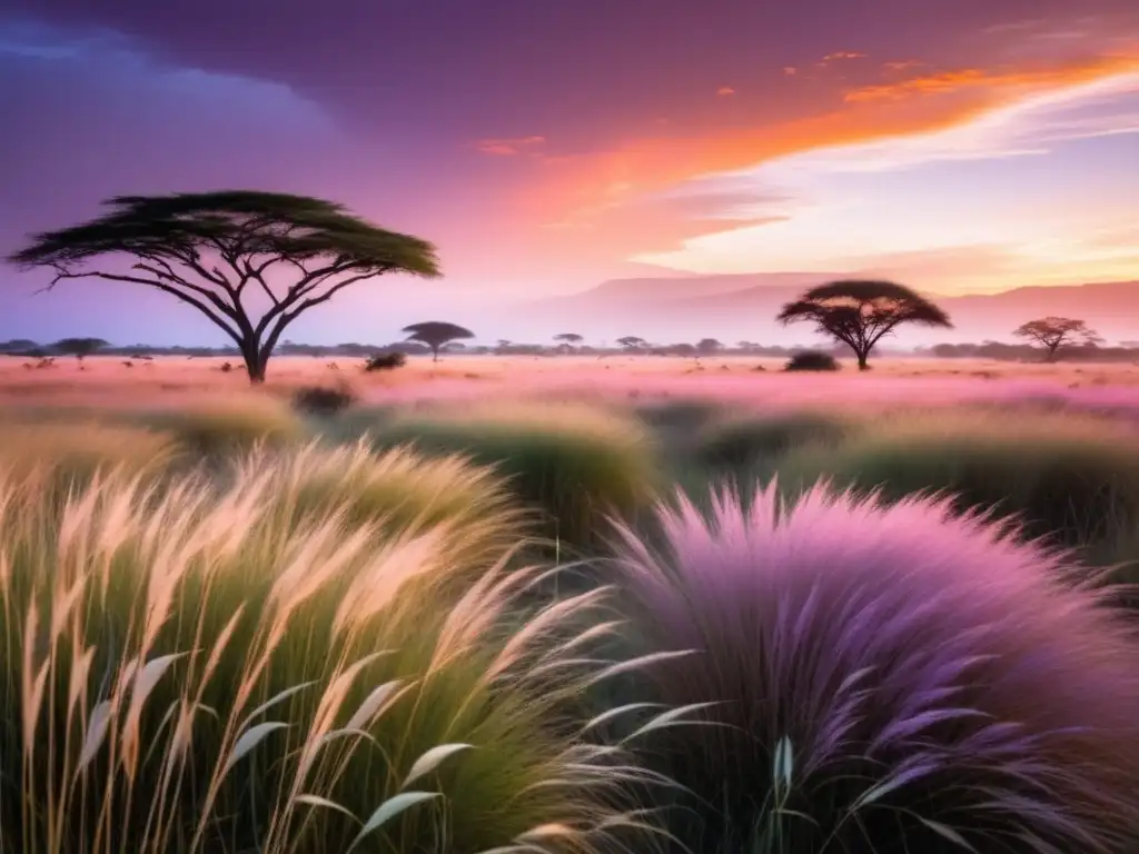 Criaturas mitológicas africanas ancestrales en una escena mágica de la sabana africana al atardecer