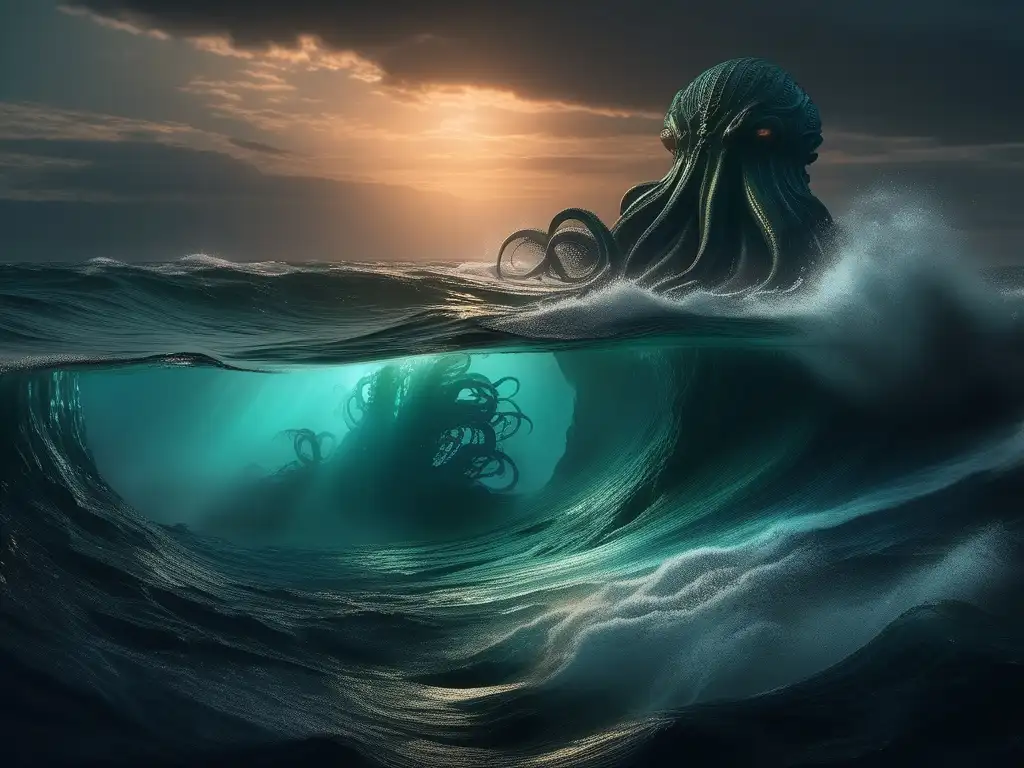 Cthulhu, entidad cósmica en un vasto océano misterioso Criaturas legendarias y mitológicas en la ciencia ficción: Cthulhu emerge de un vasto océano oscuro, evocando belleza y terror