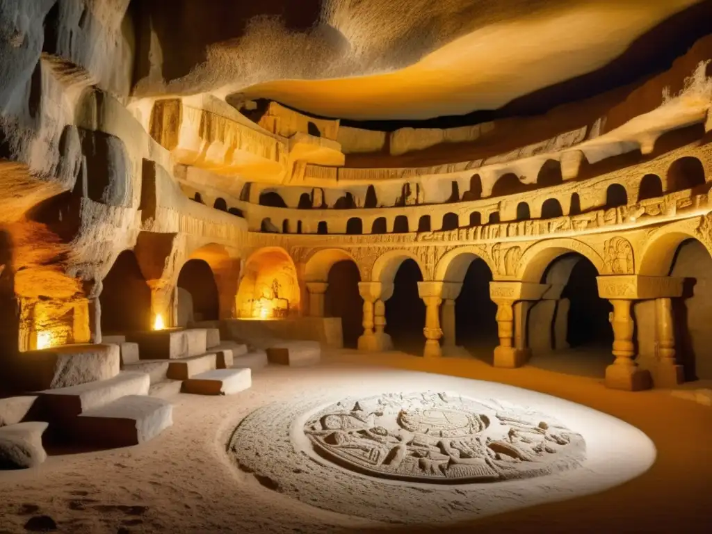 Cueva de Plutón: impresionante cámara subterránea del inframundo romano con detalles y carvings romanos, iluminación misteriosa y piscina mágica