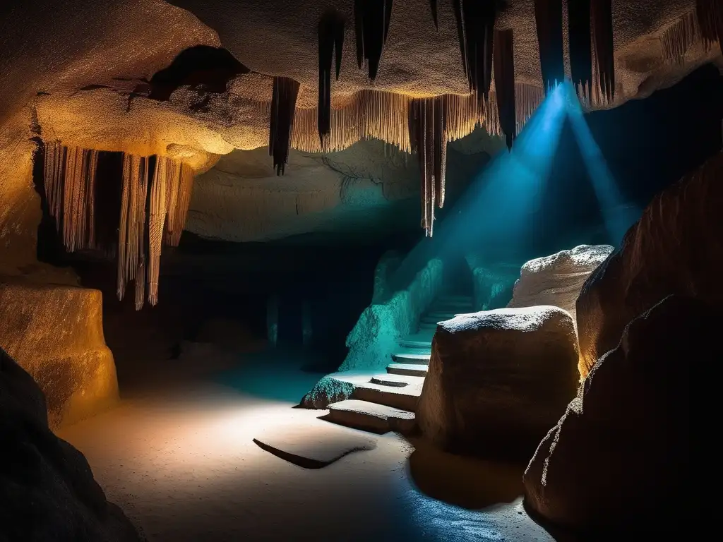 Criaturas mitológicas del Xibalbá maya en una cueva subterránea iluminada, con estalactitas y estalagmitas surrealistas