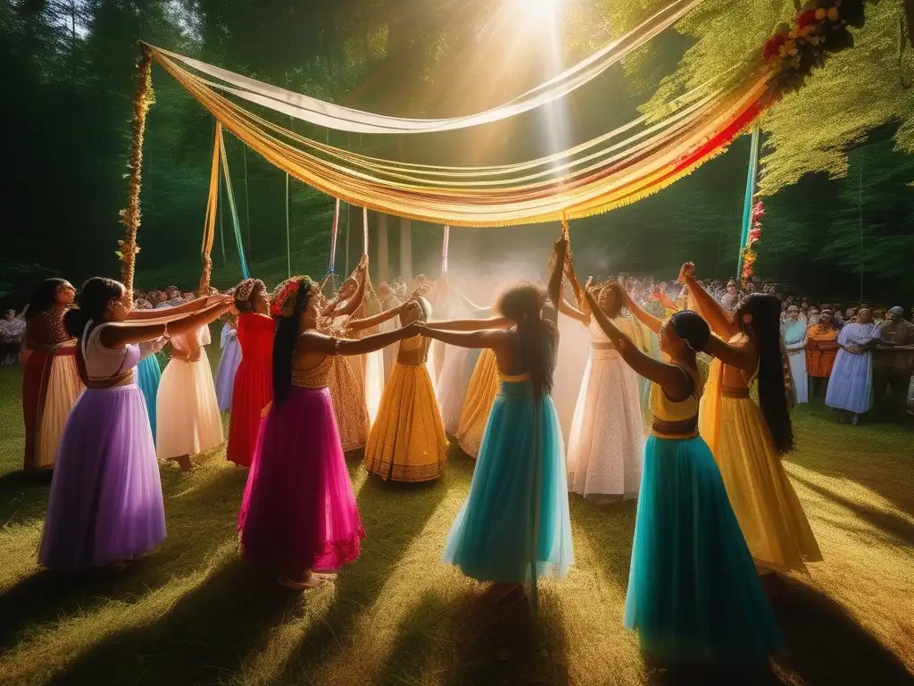 Celebraciones paganas modernas en un mágico baile alrededor del Maypole en un bosque encantado