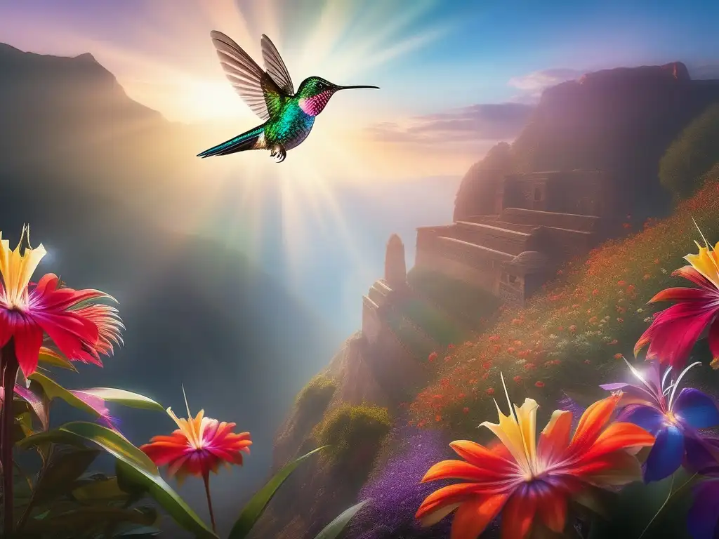 Poderes y simbolismo del colibrí azteca, imagen vibrante y etérea del deidad azteca, con colibrí en primer plano y paisaje de ensueño