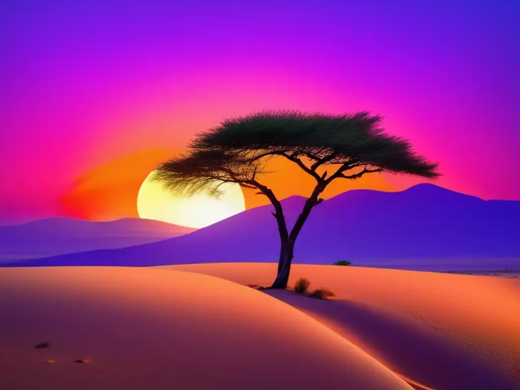 Paisaje sereno del desierto al atardecer con árbol acacia y criaturas míticas africanas (Criaturas míticas África desierto eco)