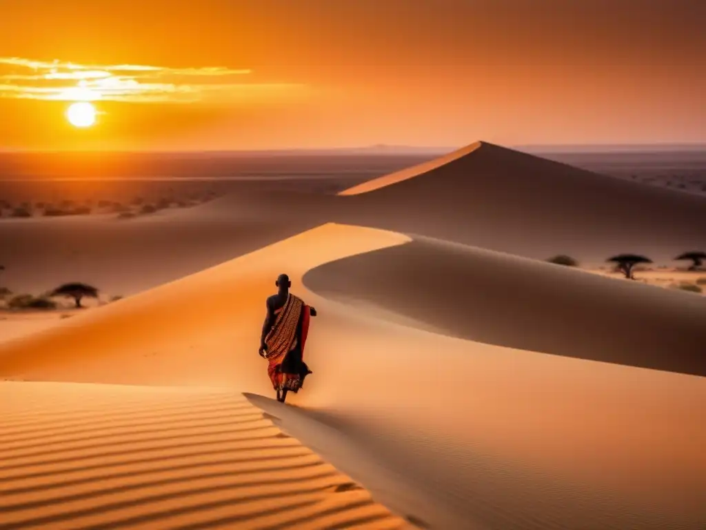 Paisaje africano al atardecer con figura solitaria y mitos de djinn y demonios en África