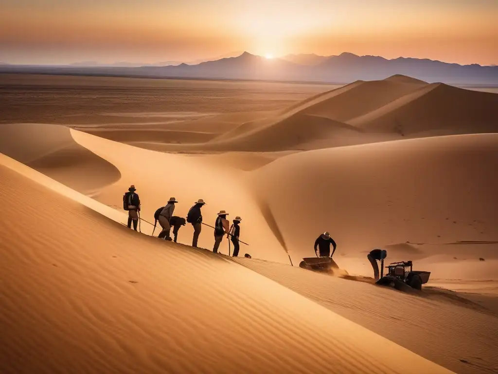 Paisaje desértico al atardecer con arqueólogos excavando en busca de la Historia del Ave Roc en Oriente