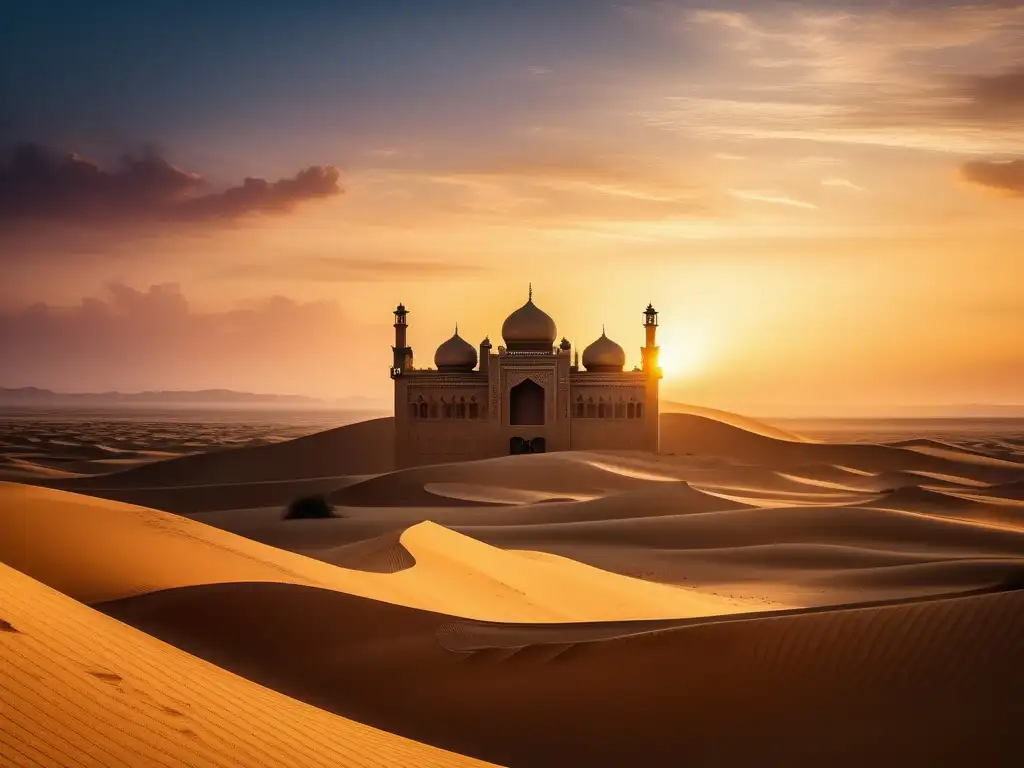 Paisaje desierto al atardecer con palacio árabe y genios: Mitología Árabe: Genios y Cultura