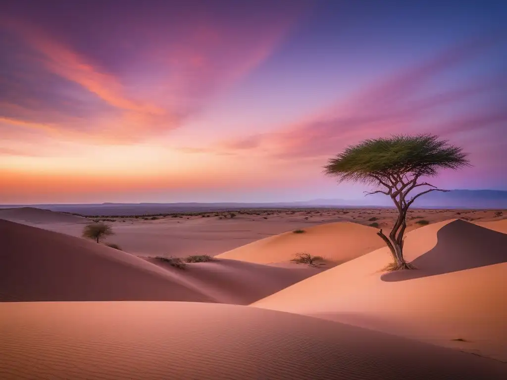 Paisaje desierto africano con árbol y monstruos mitológicos