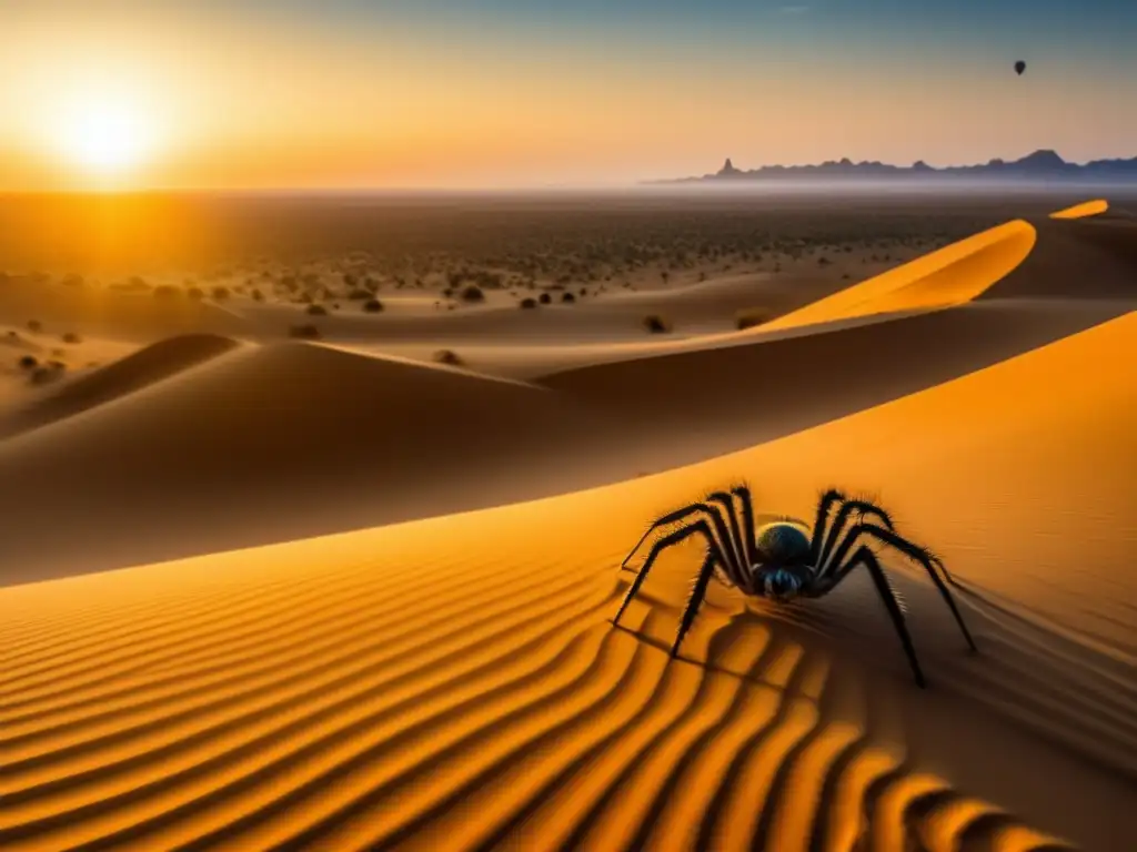 Monstruos mitológicos en desierto africano: arena dorada, araña sagrada, atmósfera misteriosa