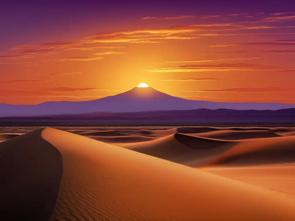 Paisaje desértico al atardecer con León de las Arenas y guerrero enfrentando criaturas mitológicas africanas