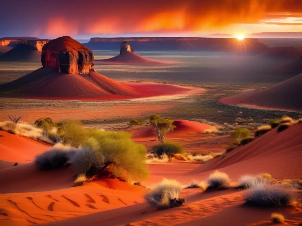 Paisaje etéreo del desierto rojo de Australia, con dioses de fuego y tierra en danza (110 caracteres)