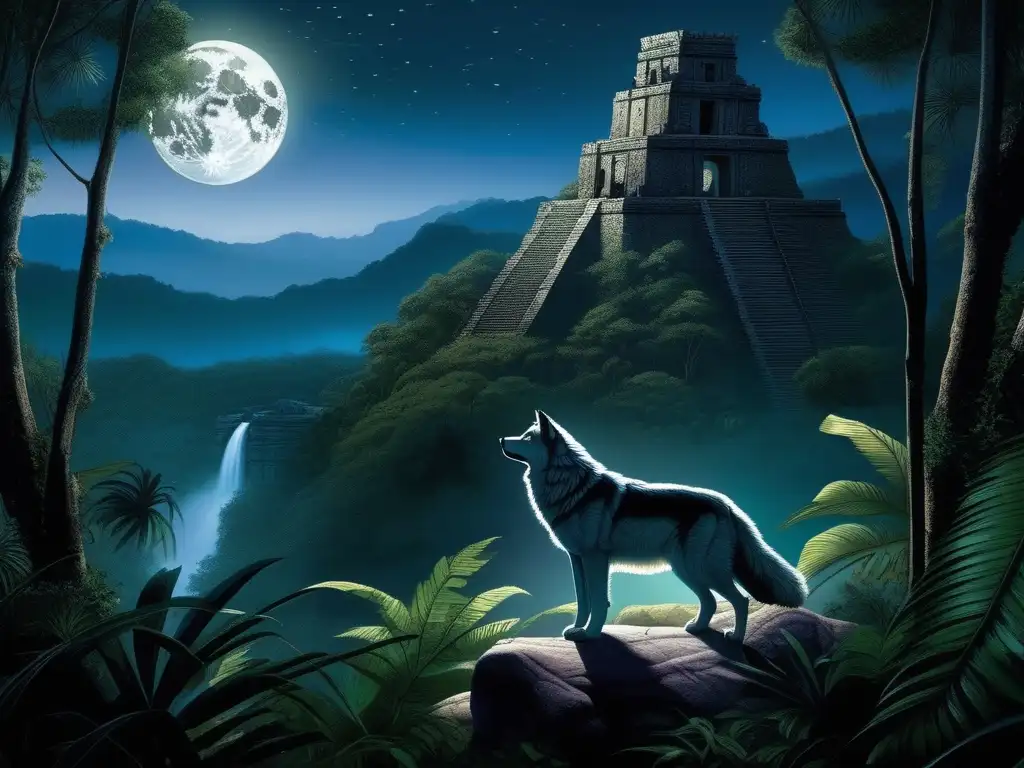 Imagen nocturna en un bosque mesoamericano con un lobo divino (Dios Lobo Mesoamérica: mito realidad)