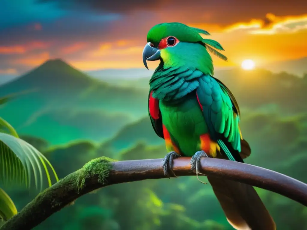 Dioses animales rituales mesoamericanas: Quetzal, jaguar, colibrí y serpiente en un paisaje etéreo de la selva tropical