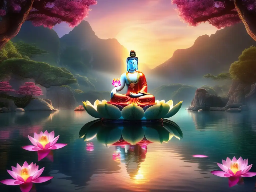 Fascinante mitología china: Diosa del agua Guanyin emerge en un escenario celestial con lotus y cerezos