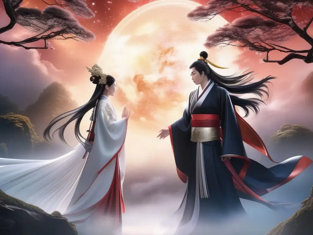 Batalla de dioses japoneses en un escenario celestial, con Izanagi y Izanami enfrentándose en una imagen etérea y evocadora