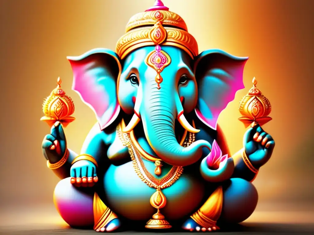 Imagen de Lord Ganesha, deidad elefante en mitología hindú, con joyas y vestimenta vibrantes, rodeado de una atmósfera enigmática y bosque místico