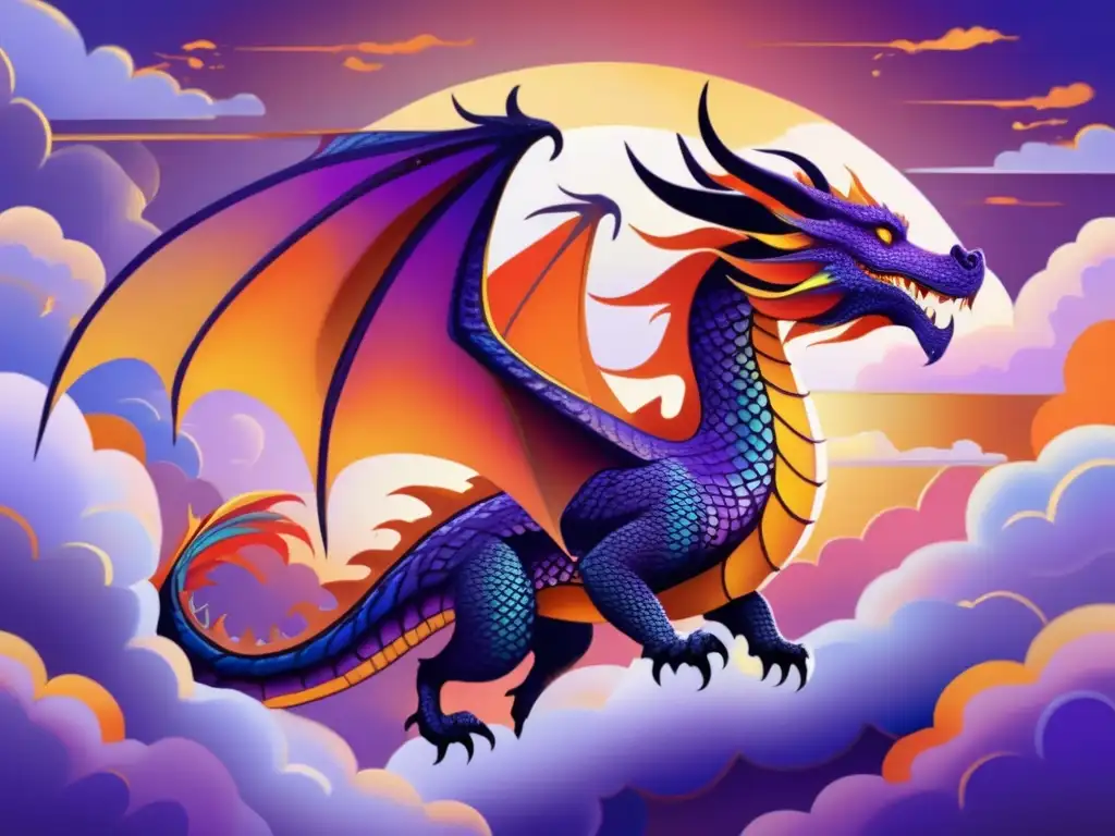 Majestuoso dragón en el cielo, reflejando la historia de los dragones en Europa