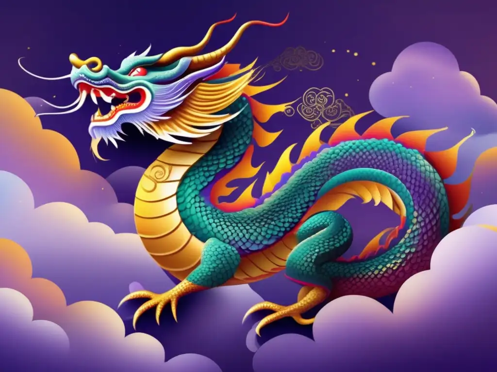 Majestuoso dragón chino en vuelo celestial - Conexión espiritual dragones Feng Shui