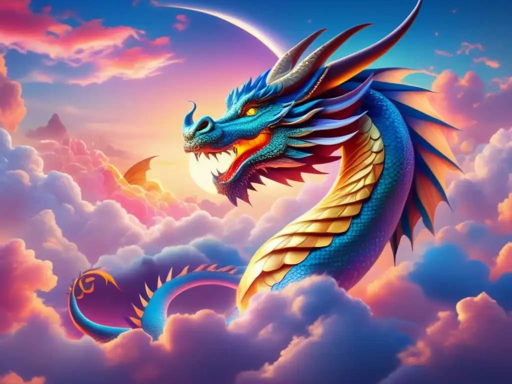 Dragón celestial: majestuosa criatura en un cielo de ensueño