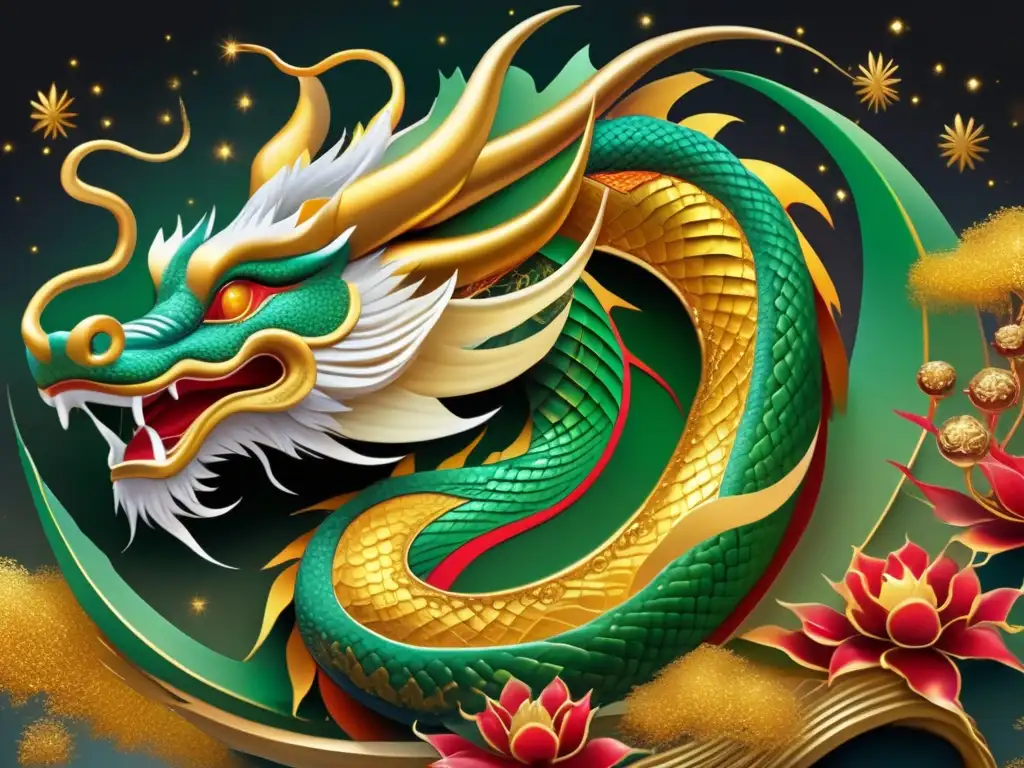 Dragón chino en escena celestial, significado dragones astrología china