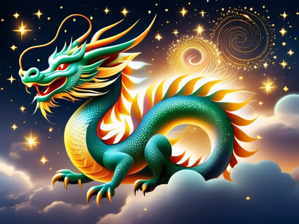 Significado dragones astrología china: imagen celestial de un resplandeciente dragón en el cielo nocturno, rodeado de estrellas y nubes etéreas