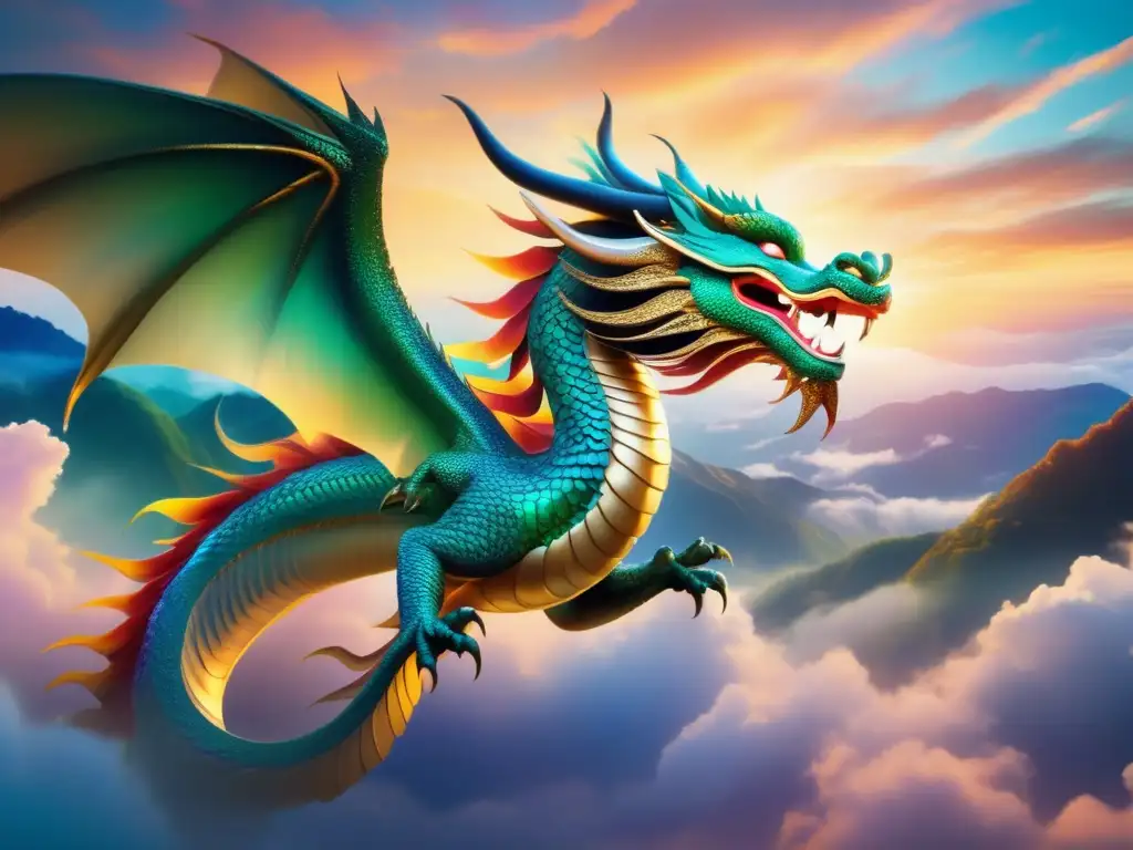 Un majestuoso dragón coreano en un cielo etéreo, evocando la mitología de dragones asiáticos