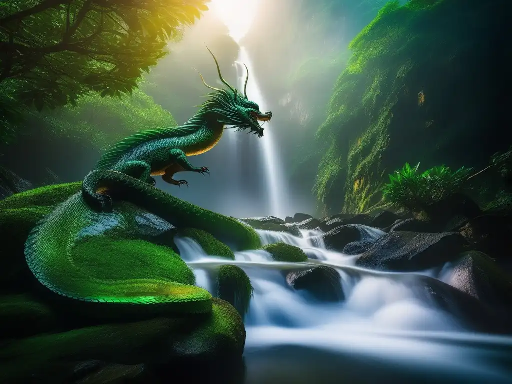 Dragón de agua mitología vietnamita, belleza etérea y mística en cascadas y ríos, colores vibrantes y escamas iridiscentes