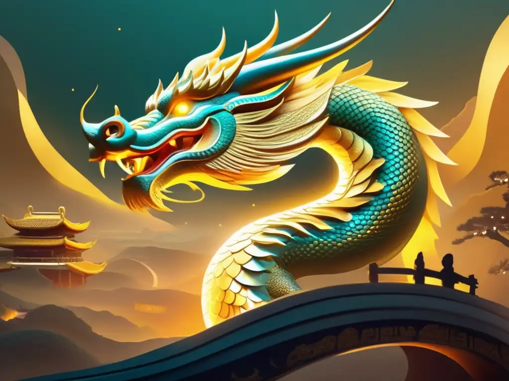 Importancia de los dragones en la cultura china: escena mística con un majestuoso dragón, nubes y arquitectura tradicional