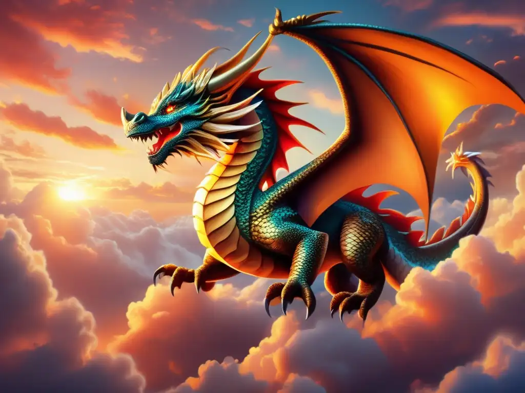 Dragones en la ciencia ficción: Explorando mundos fantásticos, un majestuoso dragón en un cielo dorado