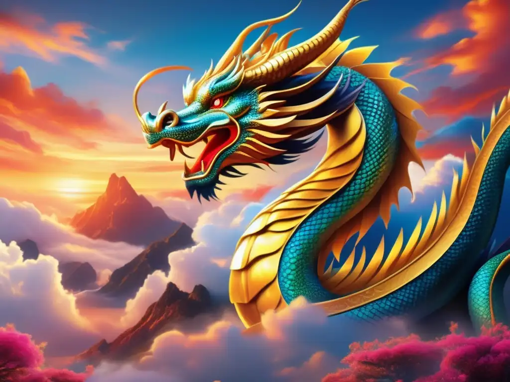 Simbolismo dragones en mitología asiática, imagen cautivadora de un majestuoso dragón dorado surcando un cielo vibrante