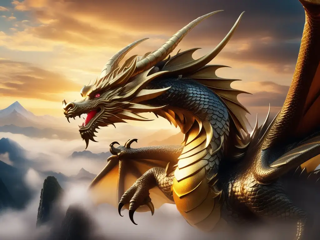 Un majestuoso dragón dorado emerge de las nubes, simbolizando la fuerza, sabiduría y protección de la mitología asiática