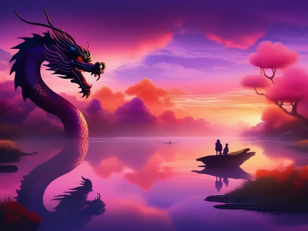 Hermoso atardecer reflejado en un estanque con un majestuoso dragón japonés - Historia de los dragones japoneses