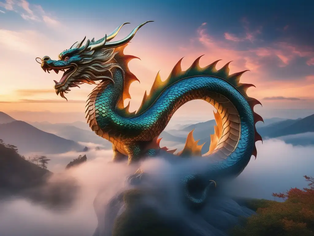 Dragón japonés con escamas vibrantes y místico paisaje - Historia de los dragones japoneses