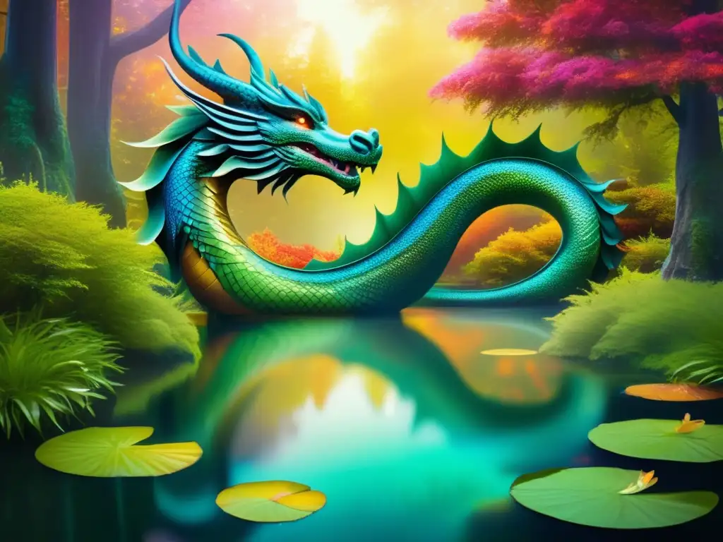 Criaturas acuáticas en cultura asiática, imagen de un estanque tranquilo en un bosque exuberante con un dragón, kappa y sirena japonesa