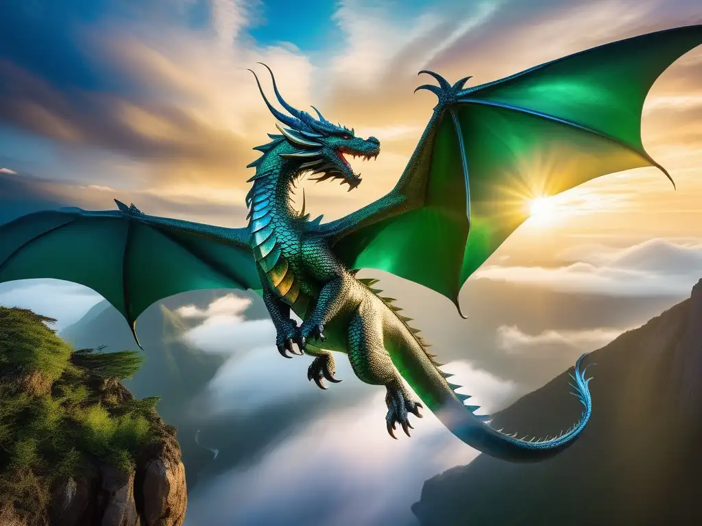 Dragón majestuoso en cielo etéreo, escamas verdes y azules, ojos sabios