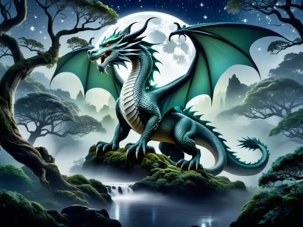 Dragón Beowulf en mística noche, bosque encantado -