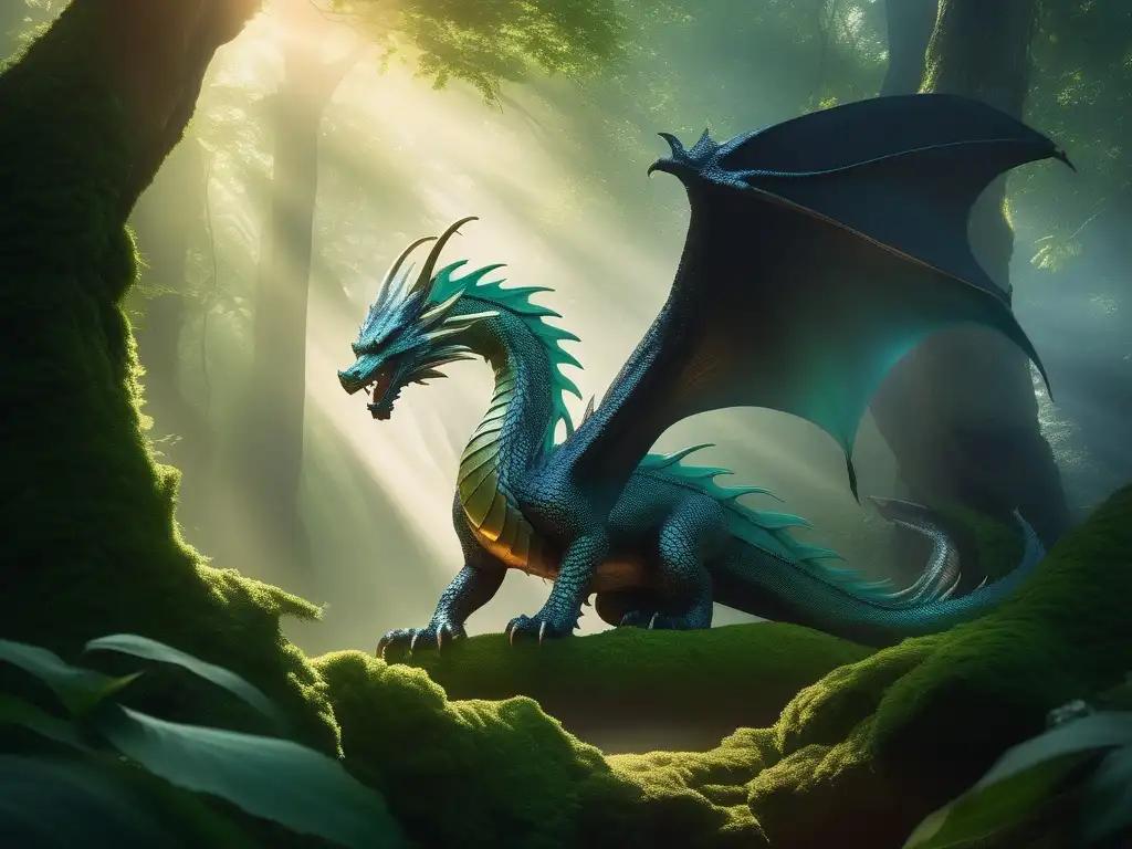 Influencia de criaturas legendarias en cine: Majestuoso dragón etéreo surcando un bosque místico, sus escamas iridiscentes brillan bajo la luz solar