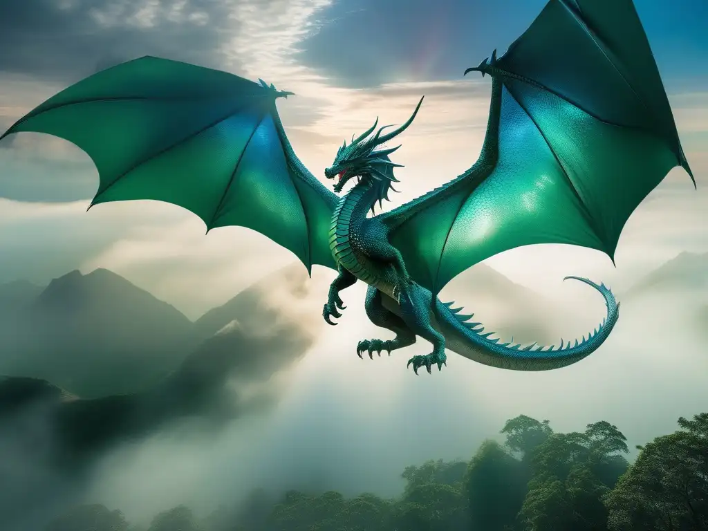 Impresionante dragón nórdico en vuelo, con escamas verdes y azules, símbolos ancestrales y ojos llenos de poder