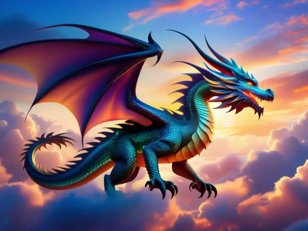 Influencia dragones en cine asiático: majestuoso dragón etéreo surcando cielo vibrante, escamas iridiscentes bajo luz suave del ocaso