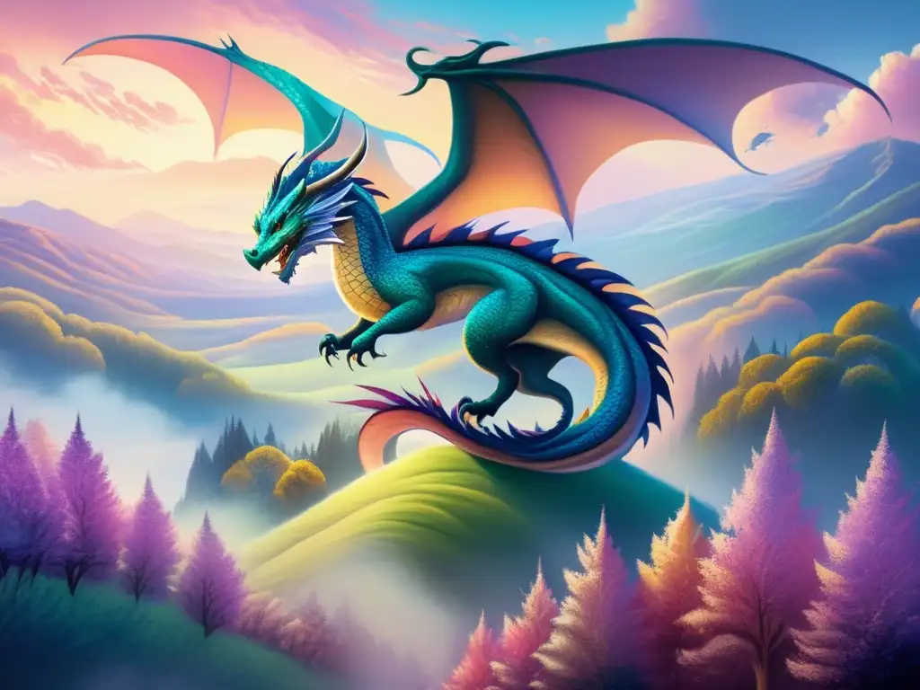 Paisaje místico con un majestuoso dragón, evocando la historia de los dragones en Europa