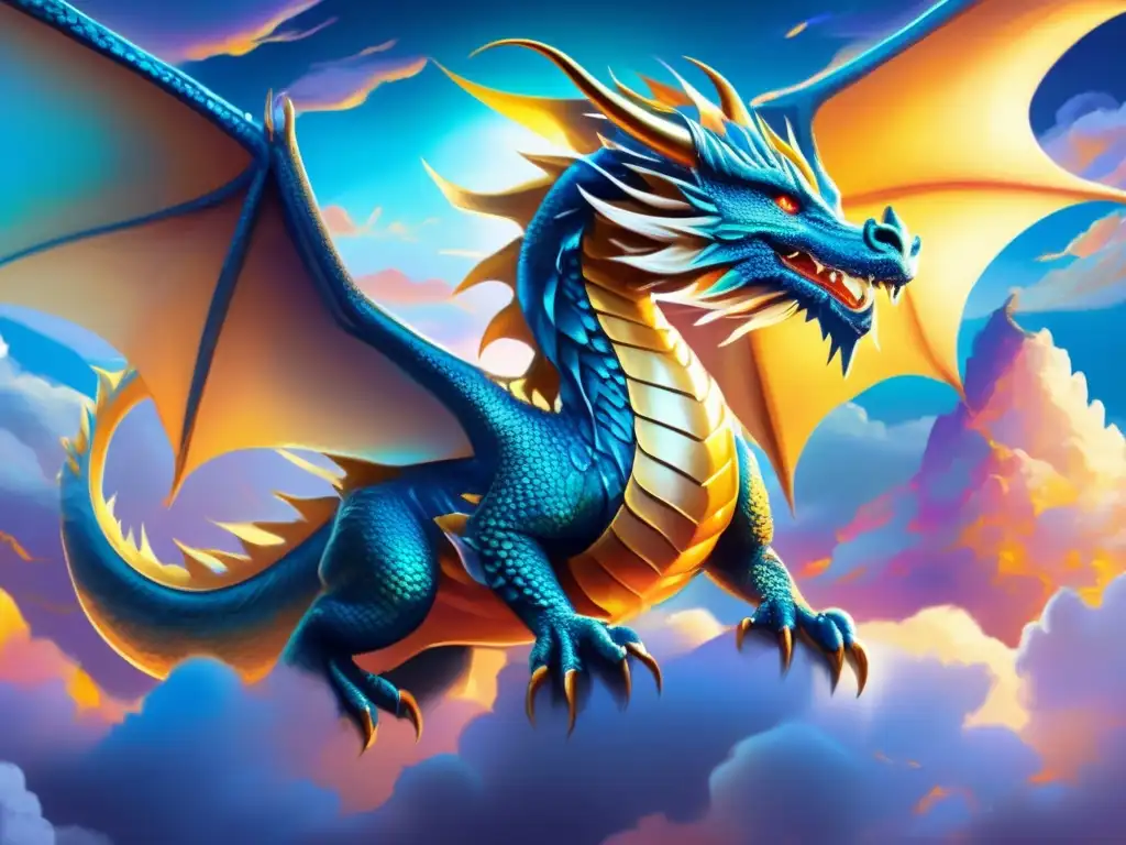 Dragón griego volando entre nubes místicas, con escamas doradas y azules