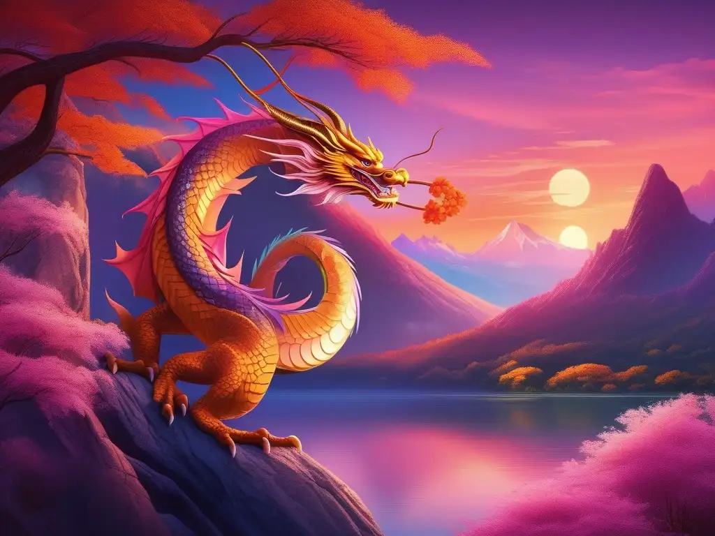 Dragones orientales en el arte: paisaje impresionante con lago sereno entre montañas, cielo vibrante y majestuoso dragón volando con elegancia