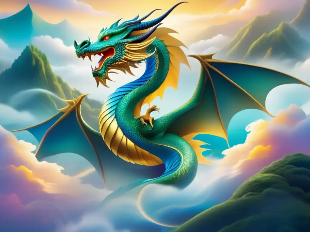 Un paisaje místico y etéreo muestra un majestuoso dragón oriental en vuelo, reflejando la evolución de los dragones en la imaginación oriental