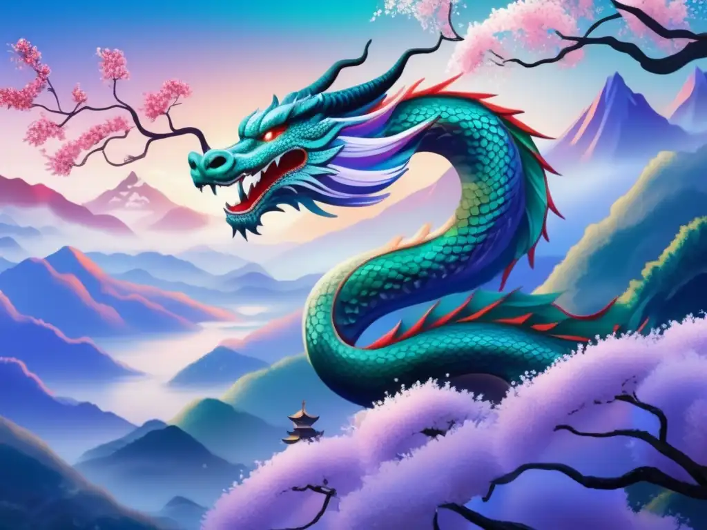 Dragones del Este, sabiduría ancestral en una imagen de montañas neblinosas, un majestuoso dragón y un cerezo en flor