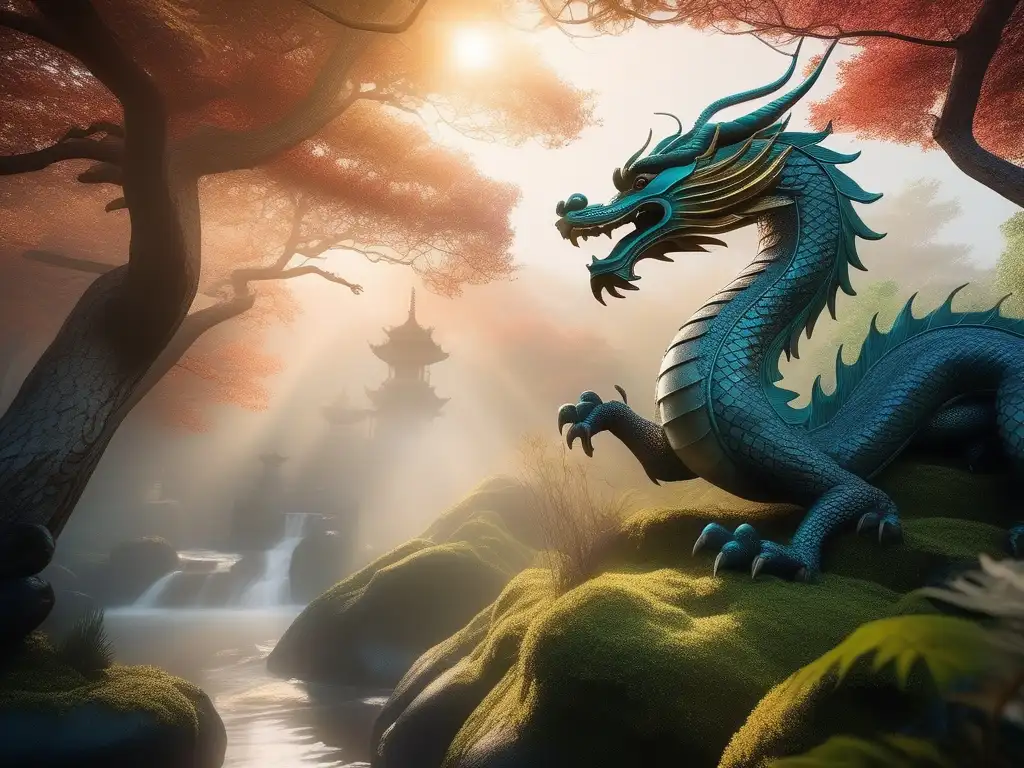 Imagen de dragones orientales en el arte: majestuosidad y misterio en un paisaje sereno